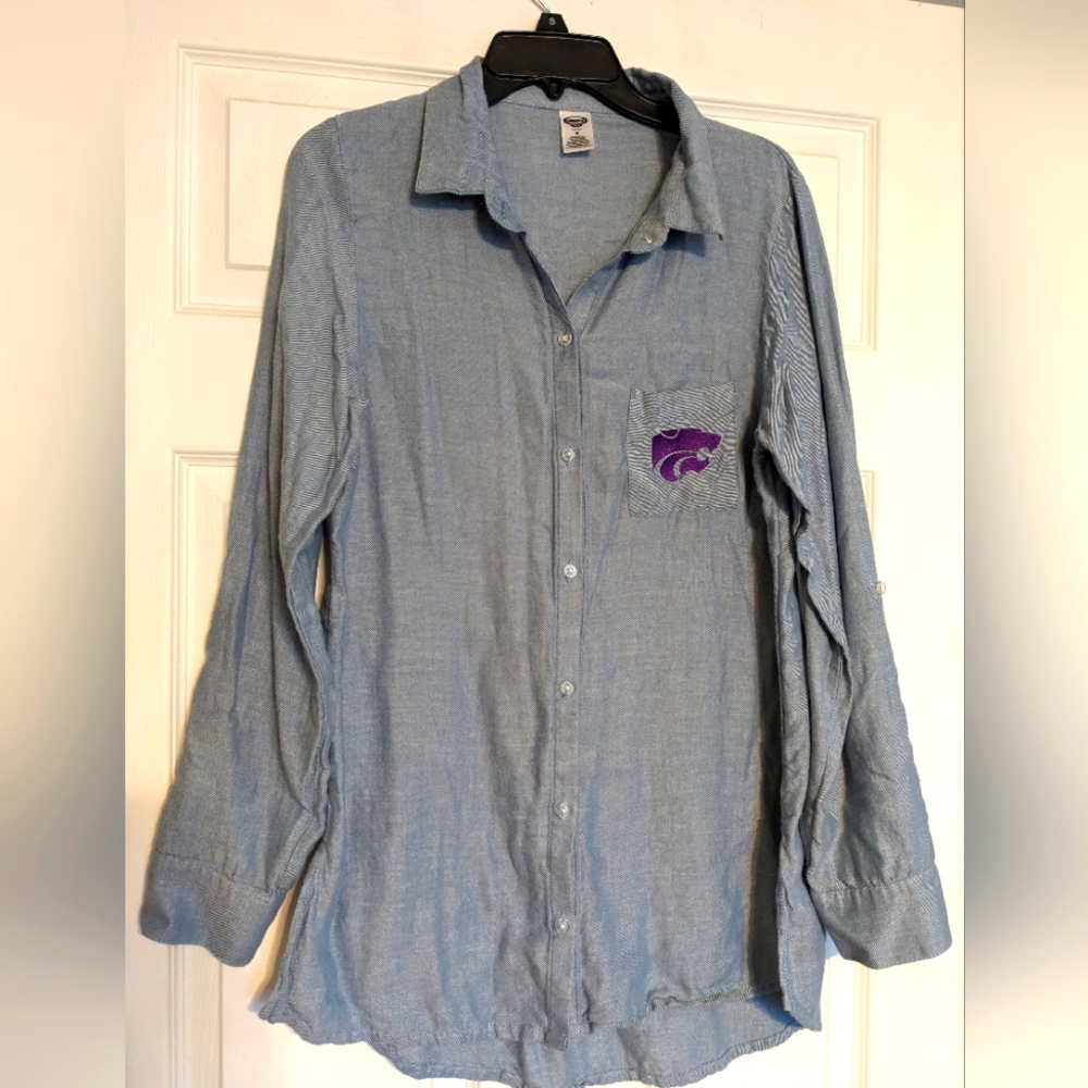 Kansas State University oversize denim shirt with roll-up sleeves